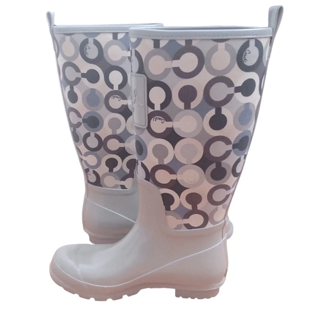 COACH Boots Women’s “Signature C” Tall Rain Boot Gray Blue Cream Pearl Size 7B
